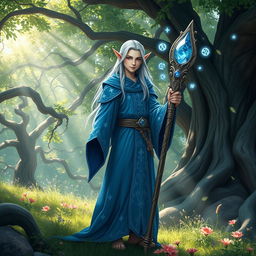 A young male high elf wizard standing amidst an enchanted forest, dressed in a flowing azure robe that is embellished with silver stars and mystical patterns
