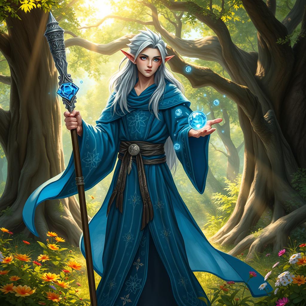 A young male high elf wizard standing amidst an enchanted forest, dressed in a flowing azure robe that is embellished with silver stars and mystical patterns