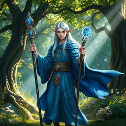A young male high elf wizard standing amidst an enchanted forest, dressed in a flowing azure robe that is embellished with silver stars and mystical patterns