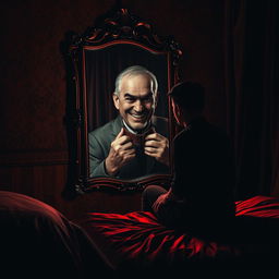 A chilling depiction set in a dark red hotel room, where a young man sits on the edge of a disheveled bed, staring intently into an ornate mirror