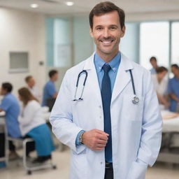 Illustrate a successful doctor in a white coat and stethoscope, saving lives in a state-of-the-art hospital, surrounded by thankful patients and respectful colleagues