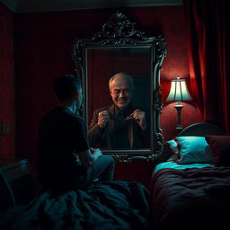 A chilling depiction set in a dark red hotel room, where a young man sits on the edge of a disheveled bed, staring intently into an ornate mirror