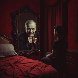 A chilling depiction set in a dark red hotel room, where a young man sits on the edge of a disheveled bed, staring intently into an ornate mirror