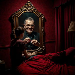 A chilling depiction set in a dark red hotel room, where a young man sits on the edge of a disheveled bed, staring intently into an ornate mirror