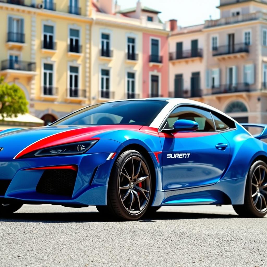 A striking blue, white, and red three-door sports car parked in front of a picturesque urban backdrop