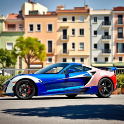 A striking blue, white, and red three-door sports car parked in front of a picturesque urban backdrop