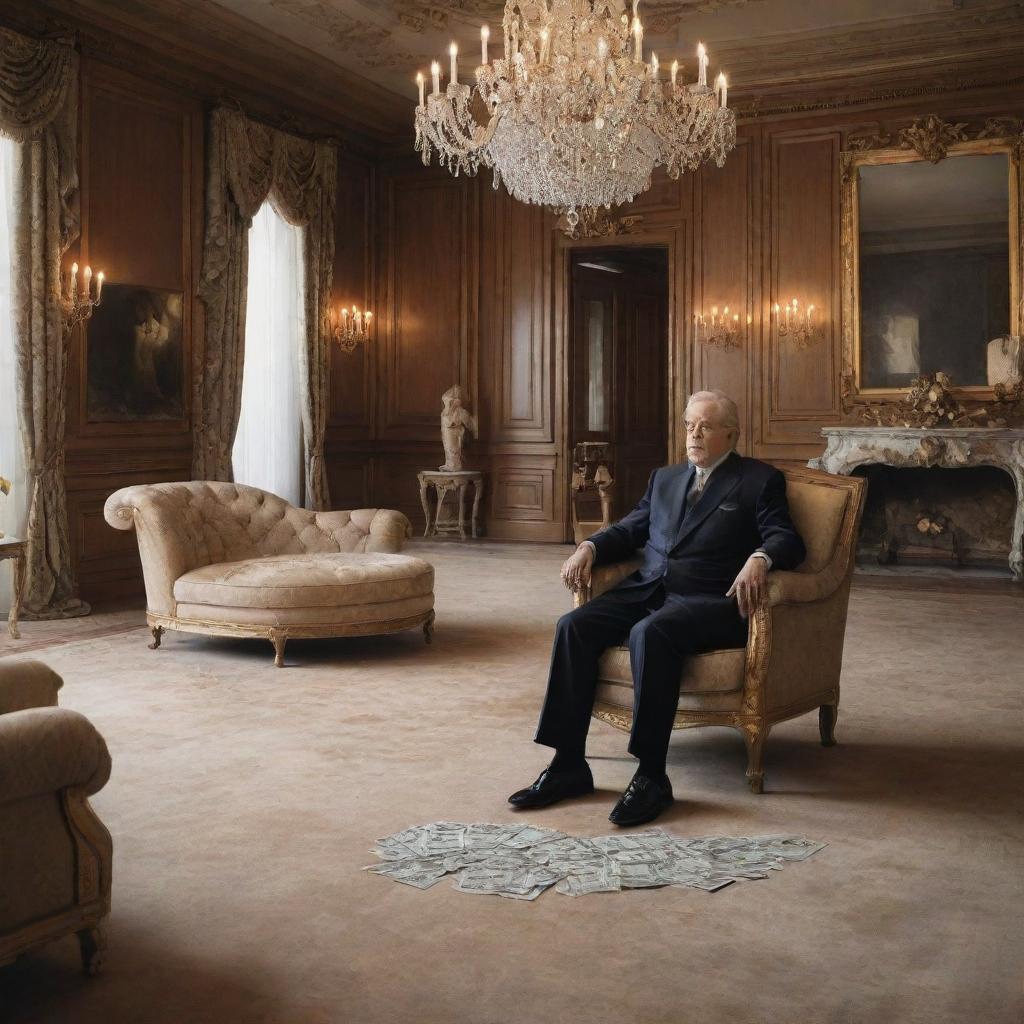 Visualize an elderly, affluent business mogul alone in a luxurious though stark mansion, surrounded by material wealth with a look of regret on his face as he ponders over a life centered on money, not relationships