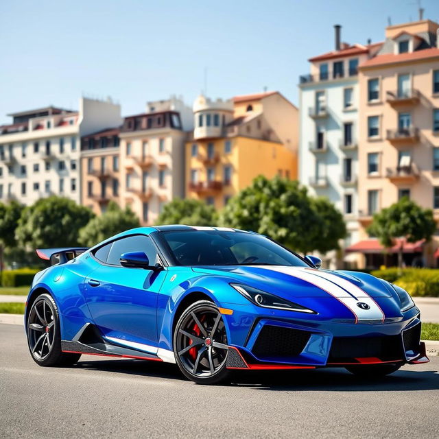 A striking blue, white, and red three-door sports car parked in front of a picturesque urban backdrop