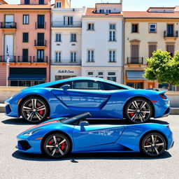 A striking blue, white, and red three-door sports car parked in front of a picturesque urban backdrop