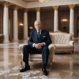 Visualize an elderly, affluent business mogul alone in a luxurious though stark mansion, surrounded by material wealth with a look of regret on his face as he ponders over a life centered on money, not relationships