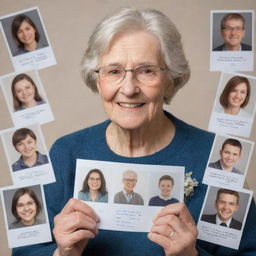 Illustrate an aged teacher, surrounded by photos of generations of successful students, holding a thank-you letter from a former pupil living a fulfilled life, showing contentment and satisfaction on her face