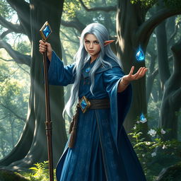 A young male high elf wizard poised gracefully in a mystical forest, dressed in an elegant robe of deep azure adorned with shimmering silver runes and stars