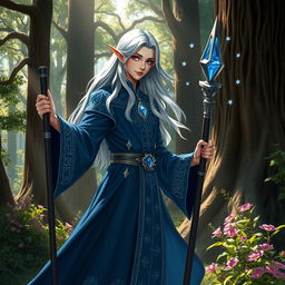 A young male high elf wizard poised gracefully in a mystical forest, dressed in an elegant robe of deep azure adorned with shimmering silver runes and stars