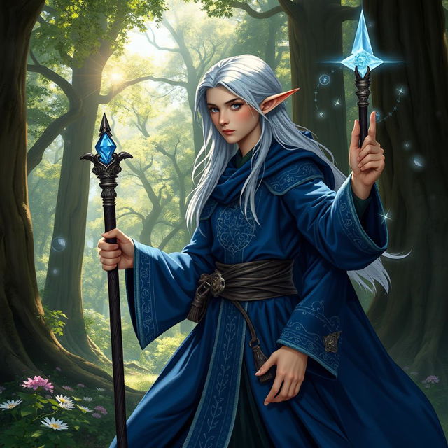 A young male high elf wizard poised gracefully in a mystical forest, dressed in an elegant robe of deep azure adorned with shimmering silver runes and stars