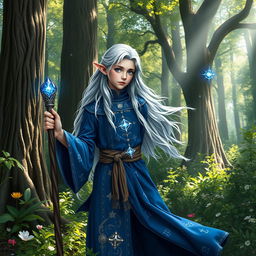 A young male high elf wizard poised gracefully in a mystical forest, dressed in an elegant robe of deep azure adorned with shimmering silver runes and stars