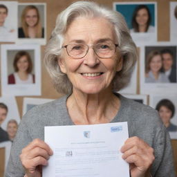 Illustrate an aged teacher, surrounded by photos of generations of successful students, holding a thank-you letter from a former pupil living a fulfilled life, showing contentment and satisfaction on her face