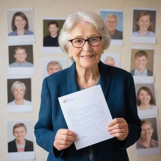 Illustrate an aged teacher, surrounded by photos of generations of successful students, holding a thank-you letter from a former pupil living a fulfilled life, showing contentment and satisfaction on her face