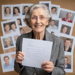 Illustrate an aged teacher, surrounded by photos of generations of successful students, holding a thank-you letter from a former pupil living a fulfilled life, showing contentment and satisfaction on her face