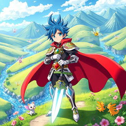 A vibrant and colorful anime scene featuring a fantastical landscape with lush green hills, sparkling rivers, and a bright blue sky