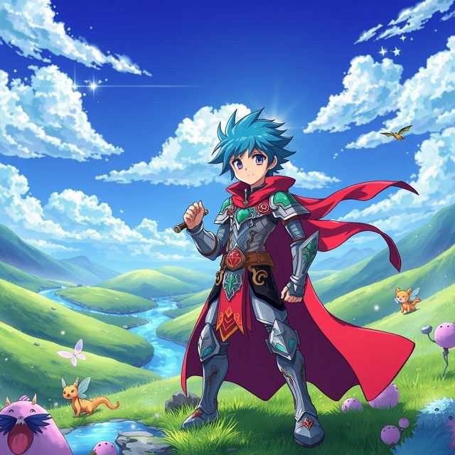 A vibrant and colorful anime scene featuring a fantastical landscape with lush green hills, sparkling rivers, and a bright blue sky