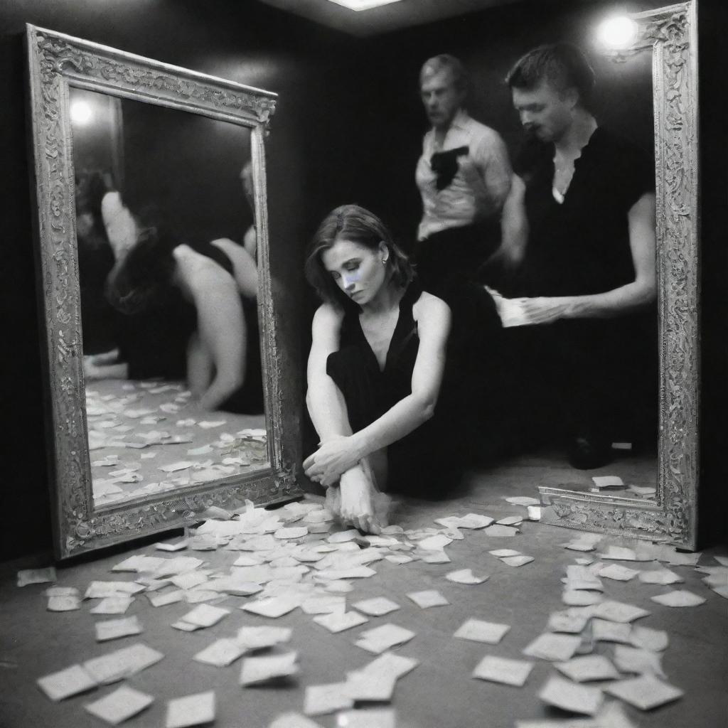 Visualize a popular celebrity surrounded by adoring fans and photographers but reflecting despair and loneliness in the mirror backstage, illustrating the costs of fame