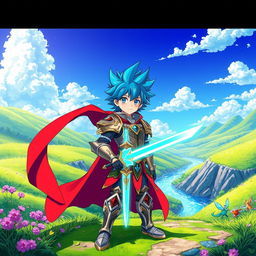 A vibrant and colorful anime scene featuring a fantastical landscape with lush green hills, sparkling rivers, and a bright blue sky