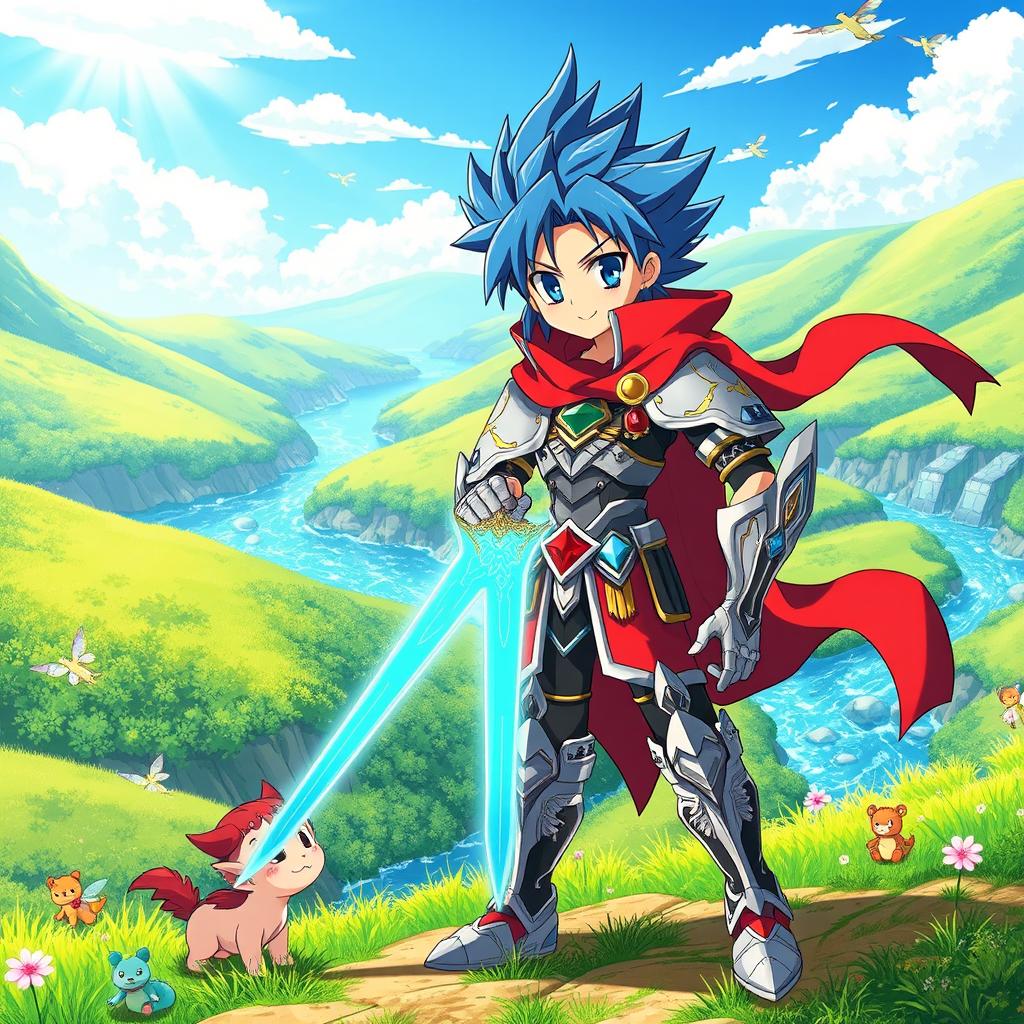 A vibrant and colorful anime scene featuring a fantastical landscape with lush green hills, sparkling rivers, and a bright blue sky