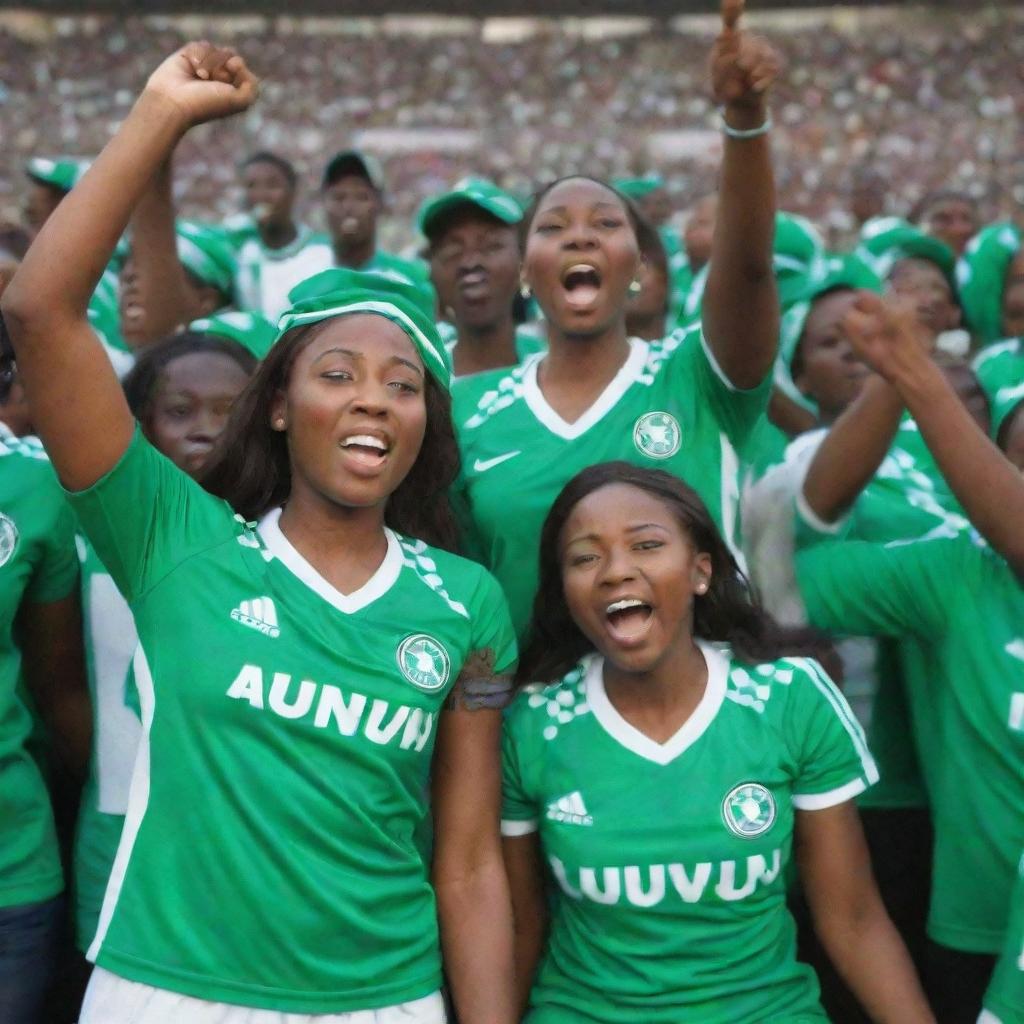 Enthusiastic Nigerian female football fans adorned in vibrant Nigerian jerseys, cheering passionately in a stadium to support their country's team