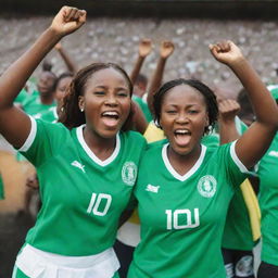 Enthusiastic Nigerian female football fans adorned in vibrant Nigerian jerseys, cheering passionately in a stadium to support their country's team