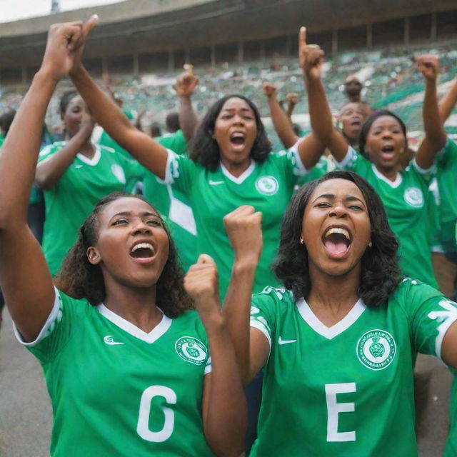 Enthusiastic Nigerian female football fans adorned in vibrant Nigerian jerseys, cheering passionately in a stadium to support their country's team