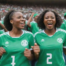 Enthusiastic Nigerian female football fans adorned in vibrant Nigerian jerseys, cheering passionately in a stadium to support their country's team