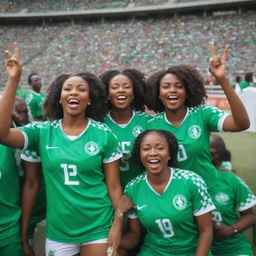 Beautiful Nigerian female football fans, donned in vibrant Nigerian jerseys, joyfully cheering with their families on a stadium supporting their country's team