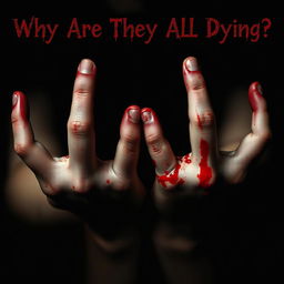 A close-up of a girl's hands, covered in blood, set against a stark black background