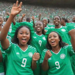 Beautiful Nigerian female football fans, donned in vibrant Nigerian jerseys, joyfully cheering with their families on a stadium supporting their country's team