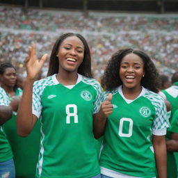 Beautiful Nigerian female football fans, donned in vibrant Nigerian jerseys, joyfully cheering with their families on a stadium supporting their country's team