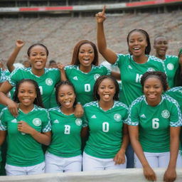 Beautiful Nigerian female football fans, donned in vibrant Nigerian jerseys, joyfully cheering with their families on a stadium supporting their country's team