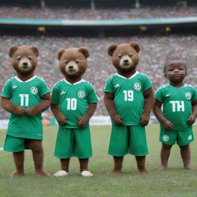 Animated animals, wearing miniature vibrant Nigerian jerseys, lined up with their cute families, cheerfully supporting the country's team in a fun, family-friendly atmosphere