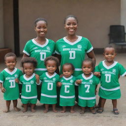 Animated animals, wearing miniature vibrant Nigerian jerseys, lined up with their cute families, cheerfully supporting the country's team in a fun, family-friendly atmosphere