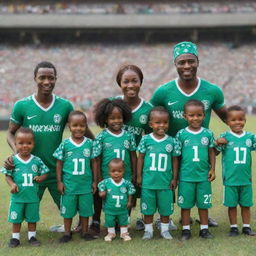 Animated animals, wearing miniature vibrant Nigerian jerseys, lined up with their cute families, cheerfully supporting the country's team in a fun, family-friendly atmosphere