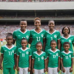 Animated animals, wearing miniature vibrant Nigerian jerseys, lined up with their cute families, cheerfully supporting the country's team in a fun, family-friendly atmosphere