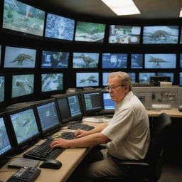 Create a scene where John Hammond enters the bustling control room, filled with monitors and terminals, his attention fixed on the live CCTV feeds from the T-Rex enclosure