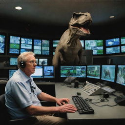 Create a scene where John Hammond enters the bustling control room, filled with monitors and terminals, his attention fixed on the live CCTV feeds from the T-Rex enclosure