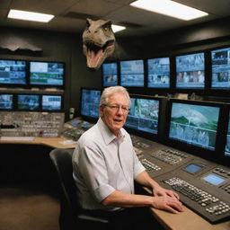 Create a scene where John Hammond enters the bustling control room, filled with monitors and terminals, his attention fixed on the live CCTV feeds from the T-Rex enclosure