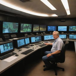 Create a scene where John Hammond enters the bustling control room, filled with monitors and terminals, his attention fixed on the live CCTV feeds from the T-Rex enclosure