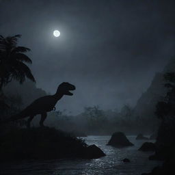 Develop a scene of sudden blackout on Isla Nublar, casting buildings, the landscape, and dinosaur enclosures into ominous, revealing silhouettes against the eerie moonlight