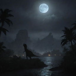 Develop a scene of sudden blackout on Isla Nublar, casting buildings, the landscape, and dinosaur enclosures into ominous, revealing silhouettes against the eerie moonlight