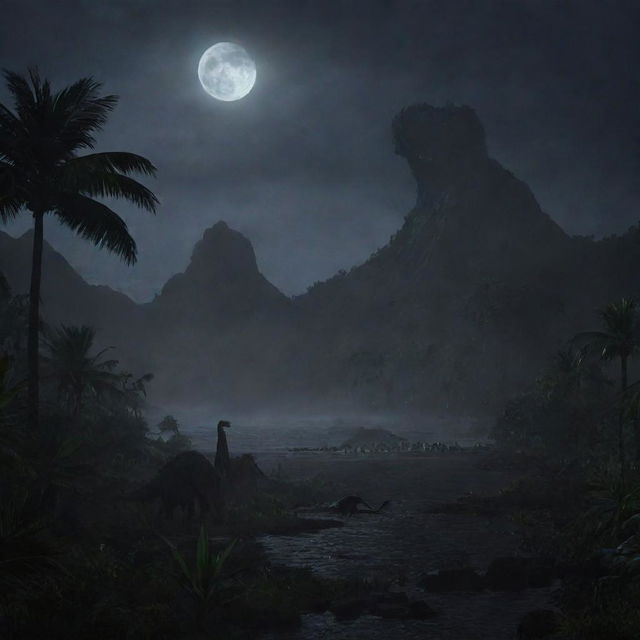 Develop a scene of sudden blackout on Isla Nublar, casting buildings, the landscape, and dinosaur enclosures into ominous, revealing silhouettes against the eerie moonlight