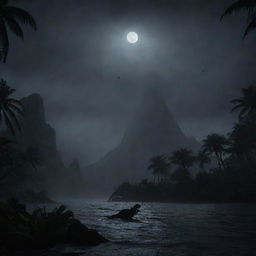 Develop a scene of sudden blackout on Isla Nublar, casting buildings, the landscape, and dinosaur enclosures into ominous, revealing silhouettes against the eerie moonlight