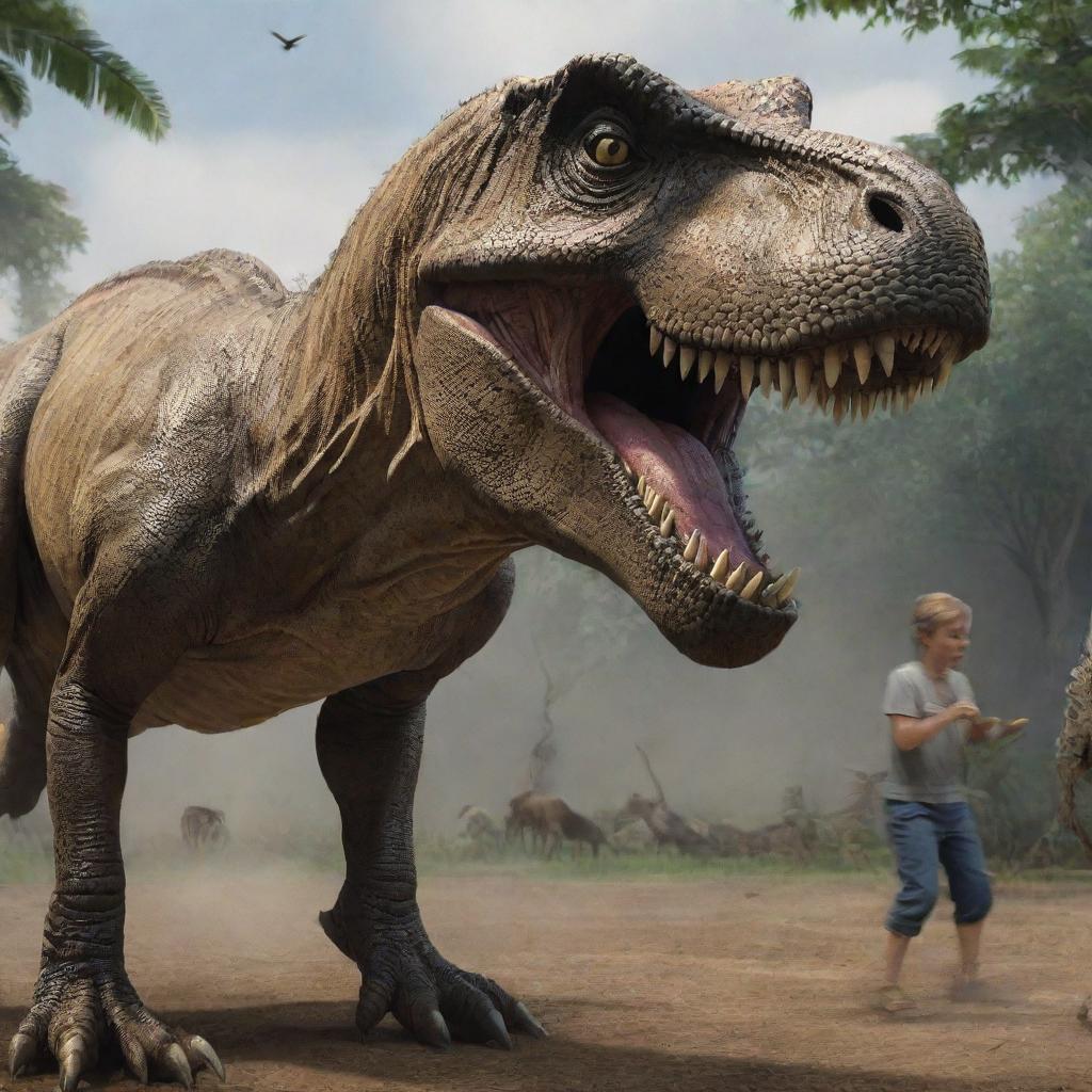 Render a gripping instant inside the T-Rex paddock, where the T-Rex menacingly devours a hapless goat, amplifying the awe and fear associated with the real-life predator