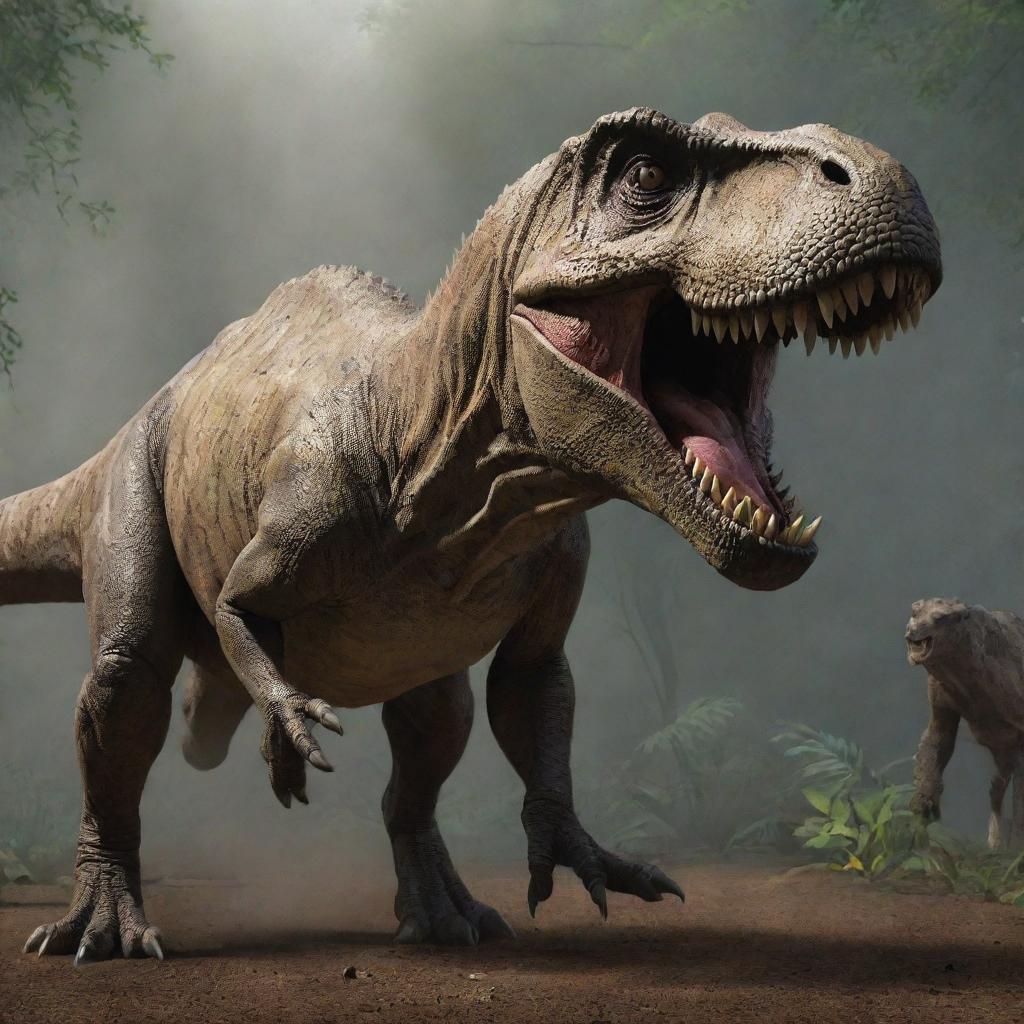 Render a gripping instant inside the T-Rex paddock, where the T-Rex menacingly devours a hapless goat, amplifying the awe and fear associated with the real-life predator